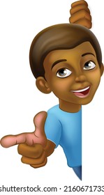 A young little boy cartoon child character kid peeking around a background sign and pointing.