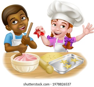 Young little boy and girl kids children chef, cook or baker cartoon characters