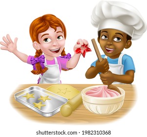 Young little boy and girl kids children chef, cook or baker cartoon characters