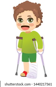 Young Little Boy With Plaster Leg Cast Walking With Crutches