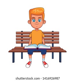 young little boy sitting on a bench with a book reading it avatar cartoon character vector illustration graphic design