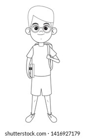 young little boy standing with a book, glasses and a bag avatar cartoon character in black and white vector illustration graphic design