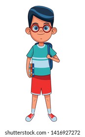 young little boy standing with a book, glasses and a bag avatar cartoon character vector illustration graphic design