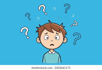 young little confused stressed boy thinking cartoon character flat vector question mark above his head blue background sad face expression study math problem solving, struggle decision making kid idea