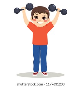 Young little funny boy with heavy dumbbell strong concept