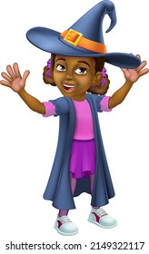 A young little girl cartoon child character dressed in Halloween witch costume and waving