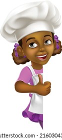 A young little girl cartoon child character chef, cook or baker kid peeking around a background sign and giving a thumbs up.