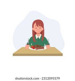 young little girl eating beef steak. hungry girl sitting at table of restaurant to eat yummy meat on plate with fork and knife. Flat vector cartoon illustration