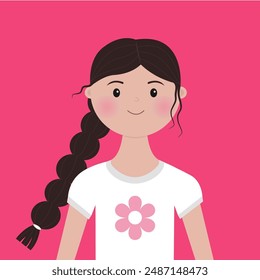 Cara de niña pequeña. Retrato de mujer. Peinado moreno. Pelo negro de coleta. Hermosa dama, mujer. Avatar para redes sociales. Lindo personaje de dibujos animados. Diseño plano. Fondo rosa. Vector