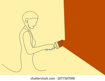 Young little girl painting on the wall. simple drawing concept background for kids education