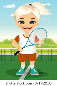 Young little girl with racket and ball on tennis court smiling 