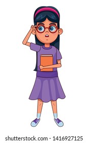 young little girl standing holding a book wearing glasses and bandana vector illustration graphic design