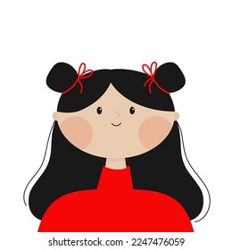 Young little kid girl face. Black bun hair. Beautiful lady, female. Portrait of woman. Brunette hairstyle. Avatar for social networks. Cute cartoon funny character. Flat design White background Vector