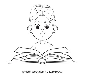 young little kids reading a book with surprised face avatar portrait icon cartoon in black and white vector illustration graphic design