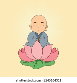 Young little monk close eyes peaceful sitting on a lotus, background with glow.
