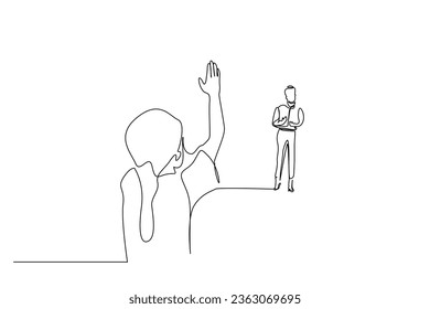 young little student classroom school teacher asks a question student asks permission to answer raises her hand line art