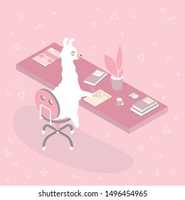 Young llama character sitting at a table with books and working. Alpaca writes a letter. Trendy flat style. Vector illustration.
