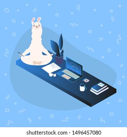 Young llama character sitting at a table with books, computer and working. Alpaca meditating. Trendy flat style. Vector illustration.