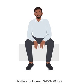 Young lonely black man sitting on a bench. Young depressed male character. Flat vector illustration isolated on white background