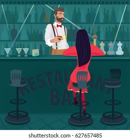 Young and lonely girl in red with her hair loose sits in an empty bar. Fashionable and beautiful bartender offers cocktail. Parting or rupture of relations concept. Vector illustration