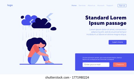 Young lonely girl sitting under storm cloud isolated flat vector illustration. Cartoon unhappy woman crying because of problems. Depression and mental disorder concept