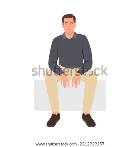 Young lonely man sitting on a bench. Young depressed male character. Flat vector illustration isolated on white background