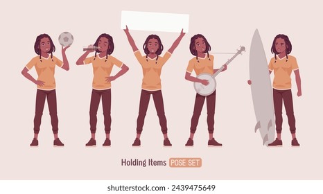 Young long dreadlocks man with ball, drink, banner, banjo, surf male black skin boy, dark brown tone guy, urban wear, ethnic hairstyle, Africa-centered culture and lifestyle. Vector illustration