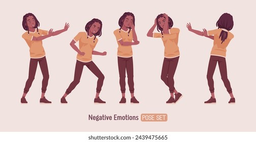 Young long dreadlocks man negative emotion pose, male adult black skin boy, dark brown tone colouring guy, urban wear, cute ethnic hairstyle, Africa-centered culture and lifestyle. Vector illustration