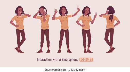 Young long dreadlocks man smartphone user pose, male adult black skin boy, dark brown tone colouring guy, urban wear, cute ethnic hairstyle, Africa-centered culture and lifestyle. Vector illustration