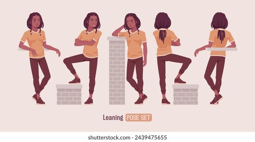 Young long dreadlocks man stand, lean pose, male adult black skin boy, dark brown tone colouring guy in urban wear, cute ethnic hairstyle, Africa-centered culture and lifestyle. Vector illustration