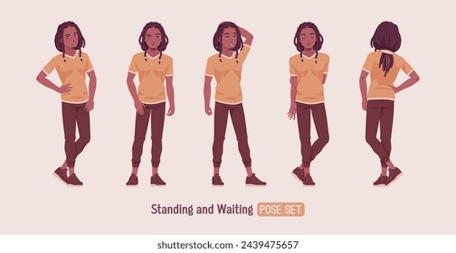 Young long dreadlocks man standing, waiting pose, male adult black skin boy, dark brown tone colouring guy in urban wear, ethnic hairstyle, Africa-centered culture and lifestyle. Vector illustration