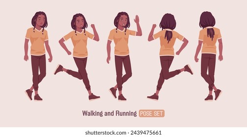 Young long dreadlocks man walk, run pose, male adult black skin boy, dark brown tone colouring guy in urban wear, cute ethnic hairstyle, Africa-centered culture and lifestyle. Vector illustration