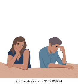 Young long hair woman sat on her chin with her boyfriend holding his temples nearby.Couple with embroidery sitting on brown table.Vector isolate flat design concept ideas for family or couple issues.