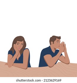 Young long hair woman sat on her chin with her boyfriend holding his temples nearby.Couple with embroidery sitting on brown table.Vector isolate flat design concept ideas for family or couple issues