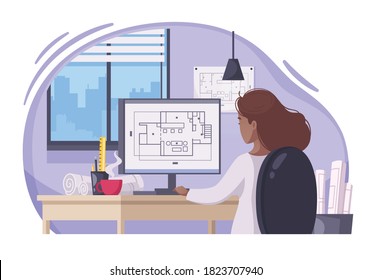 Young long haired woman architect creating construction projects with technical drawings computer software cartoon composition vector illustration 