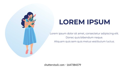 Young Long Haired Woman Wearing Blue Pleated Dress Holding Huge Bouquet of Beautiful Flowers, Girl on Dating got Blossoms, Romantic Relations, Gift, Cartoon Flat Vector Illustration, Horizontal Banner
