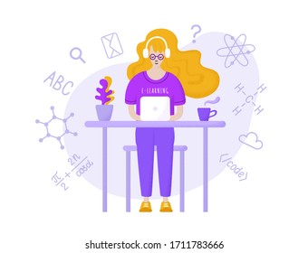 Young long red haired student girl in glasses, headphones and purple t-shirt sitting at the table with laptop, learning online. Hand-drawn flat EPS 10 vector illustration with dotted texture effect.