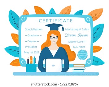 Young long red haired student girl in cat eye glasses, mantle, cap with tassel, sitting at the table with laptop, book, learning online. Hand-drawn flat vector illustration. Dotted texture effect