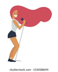 Young long red haired woman, pop singer, solo record artist, performing on stage with microphone, in short attire, isolated colorful flat vector illustration, white background