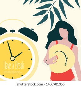 Young long-haired girl with hat in red swimsuit staying near the wall with tropical leaves and bi watch. Summer vacation, cool party concept. Vector illustration. Have a break