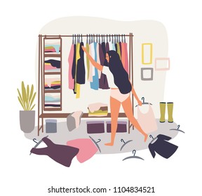 Young long-haired girl standing in front of hanger rack with clothes scattered around and trying to choose outfit. Nothing to wear concept. Cartoon colorful vector illustration in flat style