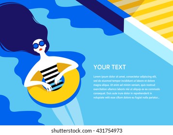 Young Long-haired Girl Sunbath On Ring In The Swimming Pool. Summer Vacation, Pool Party Concept. Vector Illustration.