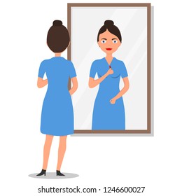 Young long-haired woman standing in front of mirror and looking. Woman standing and looking in mirror. The girl stands in front of a mirror and paints her lips with lipstick. Vector illustration.