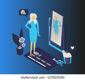 Young long-haired woman standing in front of mirror and looking at reflection. Beautiful girl dressing up. Female cartoon character viewing her outfit. Colorful vector illustration in flat style