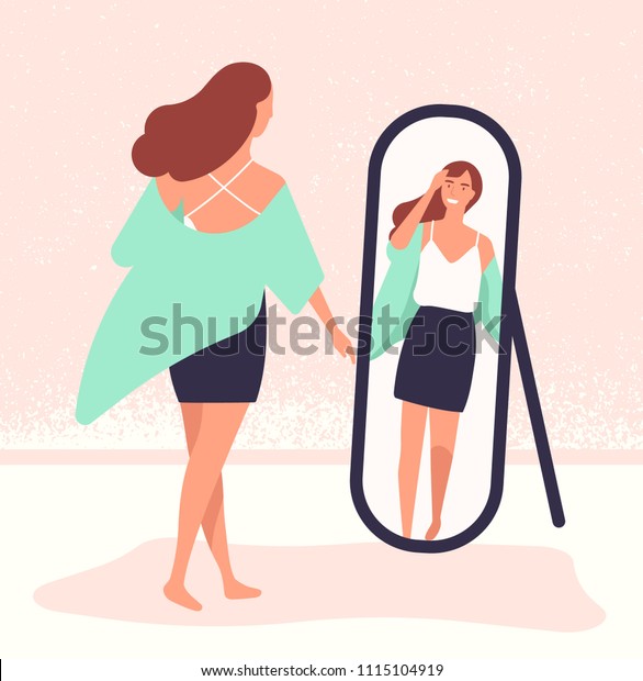 鏡の前に立ち 鏡を見つめる若い長髪の女性 美しい女の子のおしゃれ 彼女の服を見ている女性の漫画のキャラクター フラットスタイルのカラフルなベクター イラスト のベクター画像素材 ロイヤリティフリー
