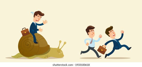 A young loser - businessman rides a snail. Weak competitor. Ineffective manager, bad solution. Vector illustration, flat design, cartoon style, isolated background.