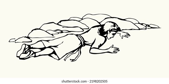 Young lost poor ill sick faint tired sad jewish male kid boy guy Ishmael nap body cry god drunk drug arab girl pain aid rest. Hand drawn hot dry dirty rock sand land old muslim islam vector art sketch