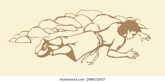 Young lost poor ill sick faint tired sad jewish male kid boy guy Ishmael nap body cry god drunk drug arab girl pain aid rest. Hand drawn hot dry dirty rock sand land old muslim islam vector art sketch