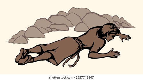 Young lost poor ill sick faint tired sad jewish male kid boy guy Ishmael nap body cry god drunk drug arab girl pain aid rest. Hand drawn hot dry dirty rock sand land old muslim islam vector art sketch