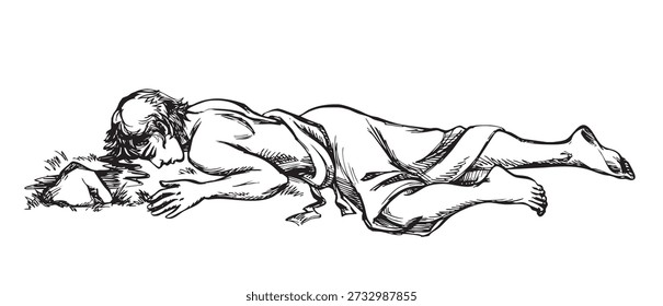 Young lost poor ill sick pain hurt bleed bare nude faint tired sad jew teen kid boy guy cry god fall drunken criminal drug addict aid bed. Hand drawn art old dirty rock sand danger desert upset crisis child kid Abel retro biblic history crime story 